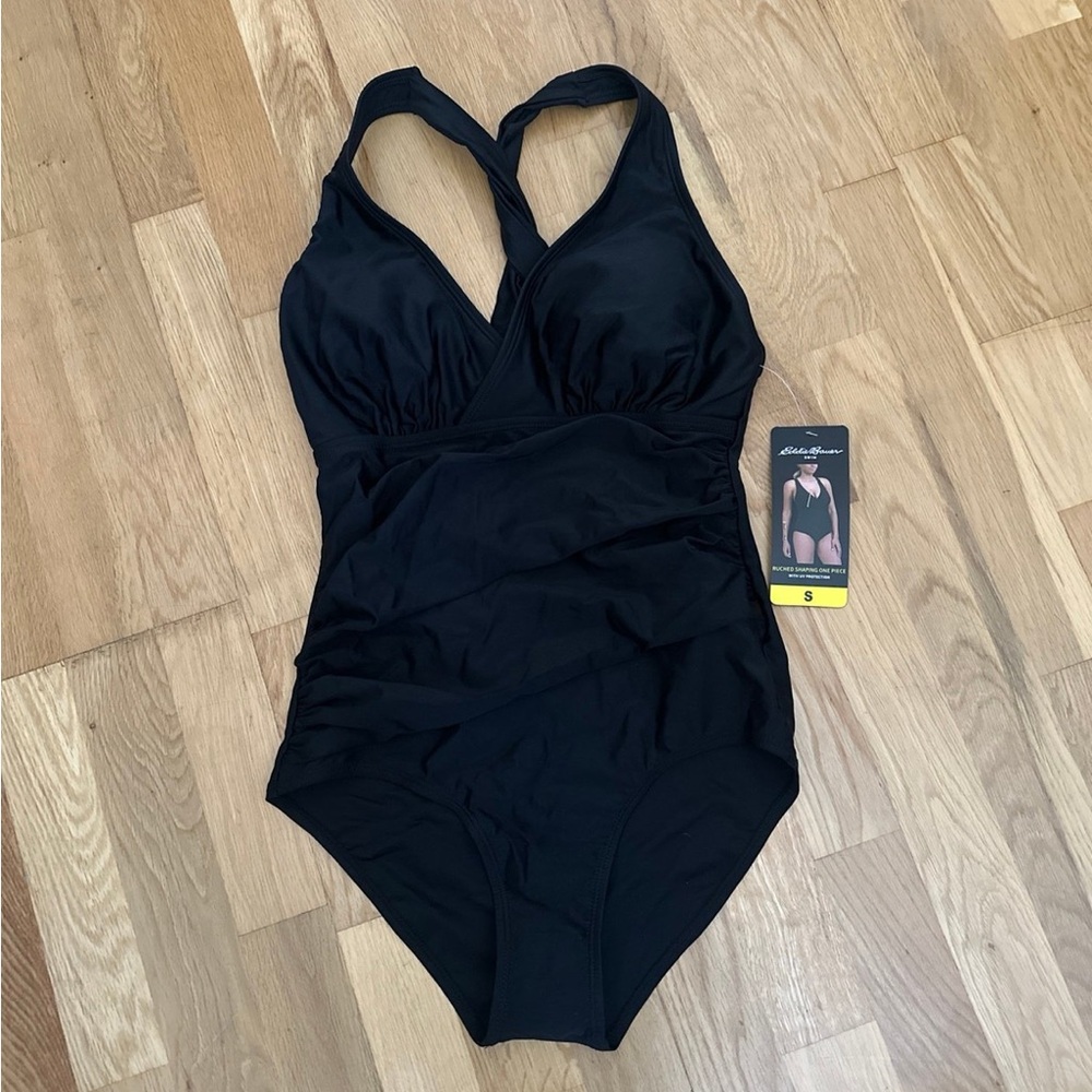 Eddie Bauer Black Ruched Shaping One-Piece Swimsuit